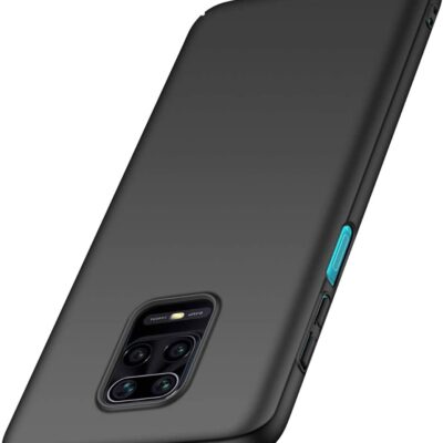 Juodas dėklas Xiaomi Redmi Note 9 Pro su matiniu paviršiumi ir mėlynu mygtuku