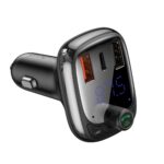 Juodas FM bangų moduliatorius Baseus T-Typed S-13 su USB ir Type-C jungtimis, rodomu skaitmeniniu ekranu
