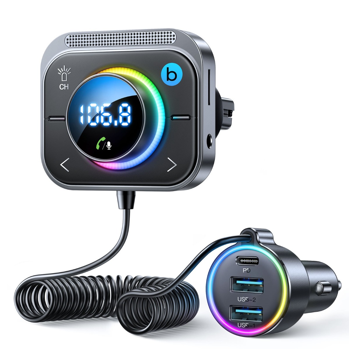 Juodas FM bangų moduliatorius Joyroom JR-CL18 USB-C 2xUSB-A 30W Juodas FM bangų moduliatorius Joyroom JR-CL18 su spalvotu apšvietimu ir USB-C bei 2 USB-A prievadais