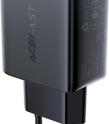 Juodas įkroviklis Acefast A1 PD20W USB-C su matoma raide Acefast ant šono