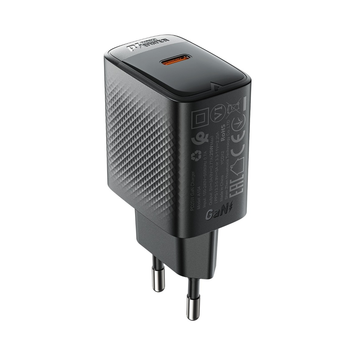 Juodas įkroviklis Acefast A104 25W GaN USB-C Juodas įkroviklis Acefast A104 25W GaN USB-C su struktūruotu šonu ir USB-C jungtimi