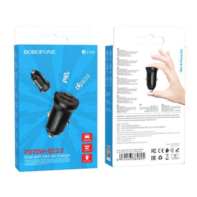 Juodas įkroviklis automobilinis Borofone BZ18A su USB-A ir Type-C PD20W+QC3.0, dvigubas lizdas