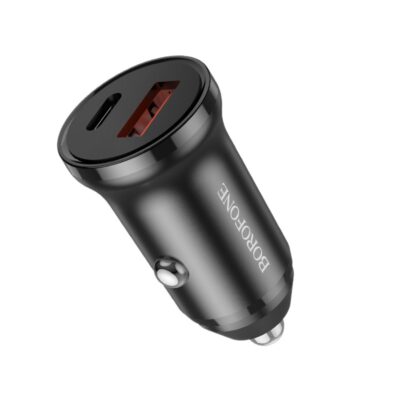 Juodas įkroviklis automobilinis Borofone BZ18A su USB-A ir Type-C jungtimis