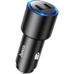 Juodas įkroviklis automobilinis Hoco NZ3 su dviem USB-C jungtimis ir mėlyna LED šviesa