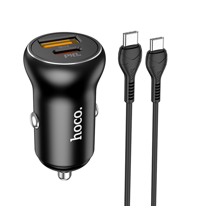 Juodas įkroviklis automobilinis Hoco NZ5 PD30W Juodas įkroviklis automobilinis Hoco NZ5 PD30W su USB-A ir Type-C jungtimis bei Type-C kabeliu