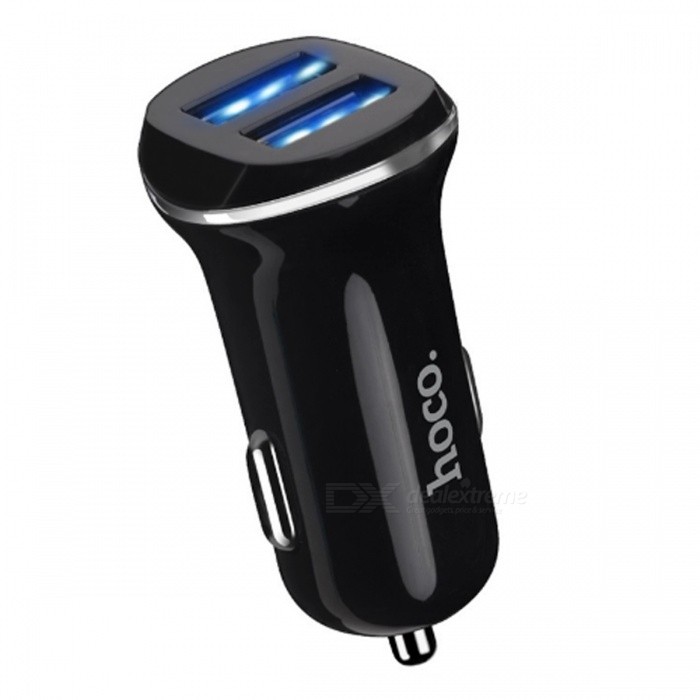 Juodas įkroviklis automobilinis Hoco Z1 2.1A Juodas įkroviklis automobilinis Hoco Z1 su dviem USB lizdais ir mėlynu apšvietimu