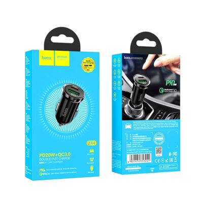 Juodas įkroviklis automobilinis Hoco Z44 PD20W+QC3.0 su dviem jungtimis USB Type-C ir USB-A