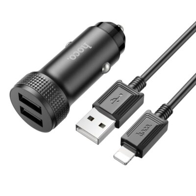 Juodas įkroviklis automobilinis Hoco Z49 su dviem USB-A lizdais ir Lightning laidu