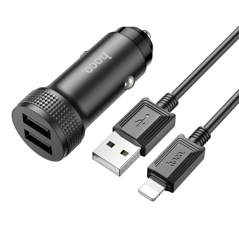 Juodas įkroviklis automobilinis Hoco Z49 2xUSB-A + Lightning Juodas įkroviklis automobilinis Hoco Z49 su dviem USB-A lizdais ir Lightning laidu