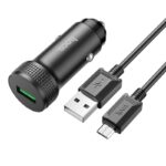 Juodas įkroviklis automobilinis Hoco Z49A QC3.0 18W su MicroUSB jungtimis ir USB laidu