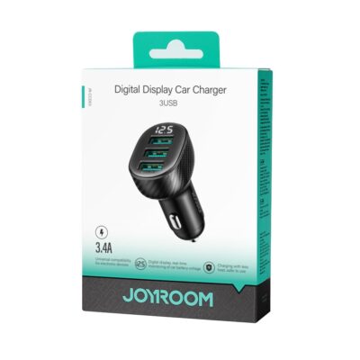 Juodas įkroviklis automobilinis Joyroom JR-CCD03 su 3 USB-A jungtimis ir skaitmeniniu ekranu