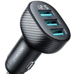 Juodas įkroviklis automobilinis Joyroom JR-CCD03 su 3 USB-A portais ir 17W galia