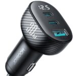 Juodas įkroviklis automobilinis Joyroom JR-CCD04 su dviem USB-C ir vienu USB-A lizdu, 30W galia