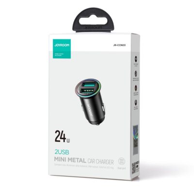 Juodas įkroviklis automobilinis Joyroom JR-CCN03 su 2 USB-A lizdais ir 24W galia