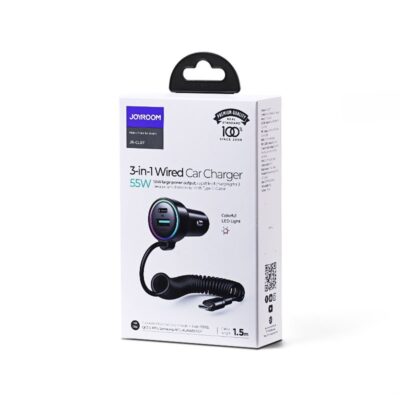 Juodas įkroviklis automobilinis Joyroom JR-CL07 3-in-1 USB Type-C 55W su 1,5 m kabeliu ir spalvota LED šviesa