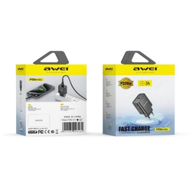Juodas įkroviklis Awei PD61-EU 20W USB-C pakuotėje parodytas iš priekio ir iš galo