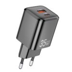 Juodas įkroviklis Awei PD66-EU GaN 35W su USB-A ir USB-C jungtimis