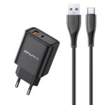 Juodas įkroviklis Awei PD81T-EU su USB-A ir USB-C jungtimis bei USB į USB-C kabelis