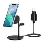 Juodas įkroviklis belaidis Choetech T585-F 3-in-1 15W su stovėliu ir telefonu kraunamas belaidžiu būdu