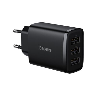 Juodas įkroviklis buitinis Baseus Compact Charger 3U 17W su trimis USB jungtimis