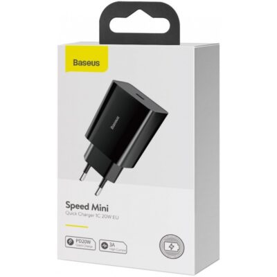 Juodas įkroviklis buitinis Baseus Speed Mini Quick Charger 1C 20W kompaktiškas ir paprastas naudoti