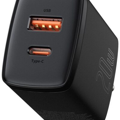 Juodas įkroviklis buitinis Baseus USB ir Type-C jungtimis 20W galia