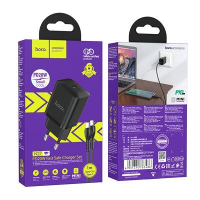 Juodas įkroviklis buitinis Hoco N27 Innovative PD20W su Type-C kabeliu mažame dėkle