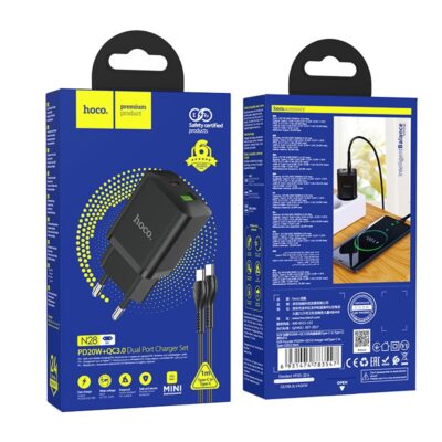 Juodas įkroviklis buitinis Hoco N28 Founder PD20W+QC3.0 su USB Type-C kabeliu pakuotėje