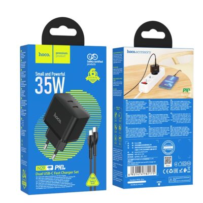 Juodas įkroviklis buitinis Hoco N29 PD35W su dviem Type-C jungtimis prie mėlyno dėžutės