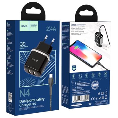 Juodas įkroviklis buitinis Hoco N4 su Lightning kabeliu ir dviem USB prievadais