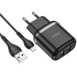 Juodas įkroviklis buitinis Hoco N4 su Lightning kabeliu ir dviem USB lizdais