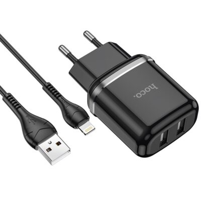Juodas įkroviklis buitinis Hoco N4 su Lightning kabeliu ir dviem USB lizdais