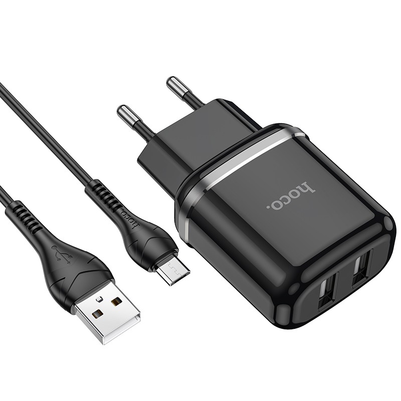 Juodas įkroviklis buitinis Hoco N4 microUSB 2.4A Juodas įkroviklis buitinis Hoco N4 su microUSB jungtimis ir dviem USB lizdais