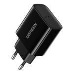 Juodas įkroviklis buitinis Ugreen CD137 USB-C 20W 3A su matoma USB-C jungtimi ir dviem metaliniais kontaktiniais kaiščiais