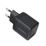 Juodas Choetech PD6052 USB-C ir USB-A PD35W įkroviklis su dviem jungtimis