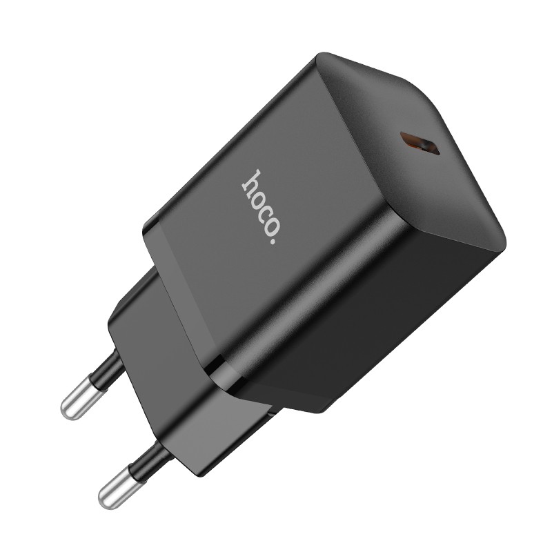Juodas įkroviklis Hoco N27 PD20W Juodas įkroviklis Hoco N27 PD20W su vienu USB-C išėjimu ir europine kištukine dalimi
