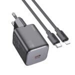 Juodas įkroviklis Hoco N40 20W su USB-C jungtimi ir USB-C į Lightning kabelis 1.0m