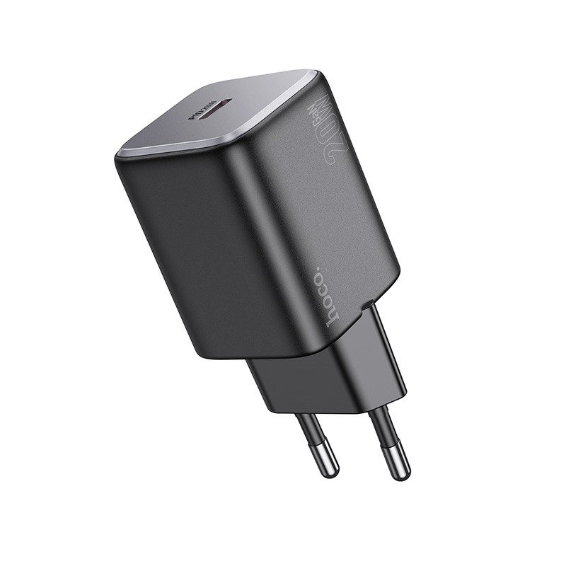 Juodas įkroviklis Hoco N40 20W USB-C Juodas įkroviklis Hoco N40 20W USB-C kompaktiškas su dviejų smeigių kištuku
