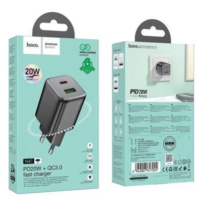 Juodas įkroviklis Hoco N41 20W GaN USB-A ir USB-C greitas įkrovimas