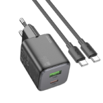 Juodas įkroviklis Hoco N41 su USB-A, USB-C jungtimis ir USB-C į USB-C laidu 1m