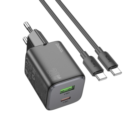 Juodas įkroviklis Hoco N41 su USB-A, USB-C jungtimis ir USB-C į USB-C laidu 1m