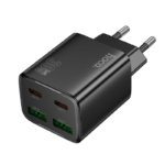 Juodas įkroviklis Hoco N56 2xUSB-C ir 2xUSB-A PD30W su matomais keturiais USB lizdais