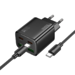 Juodas Hoco N56 įkroviklis su 2x USB-C ir 2x USB-A prievadais bei USB-C kabeliu 1.0m