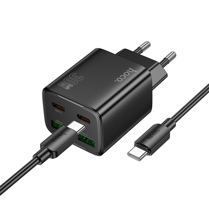Juodas įkroviklis Hoco N56 2xUSB-C / 2xUSB-A PD30W Juodas Hoco N56 įkroviklis su 2x USB-C ir 2x USB-A prievadais bei USB-C kabeliu 1.0m