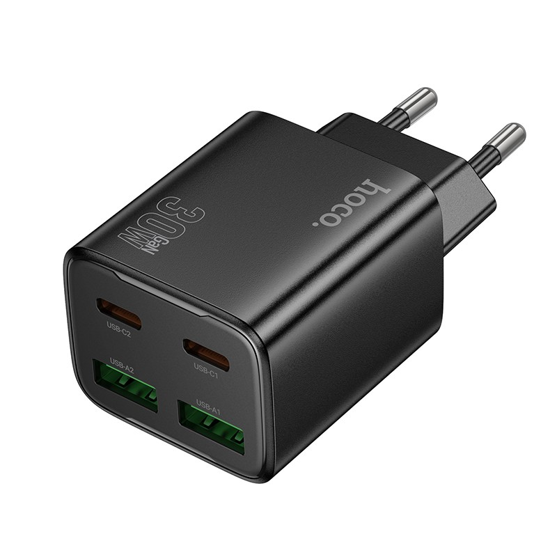 Juodas įkroviklis Hoco N56 2xUSB-C 2xUSB-A PD30W Juodas įkroviklis Hoco N56 2xUSB-C ir 2xUSB-A PD30W su matomais keturiais USB lizdais