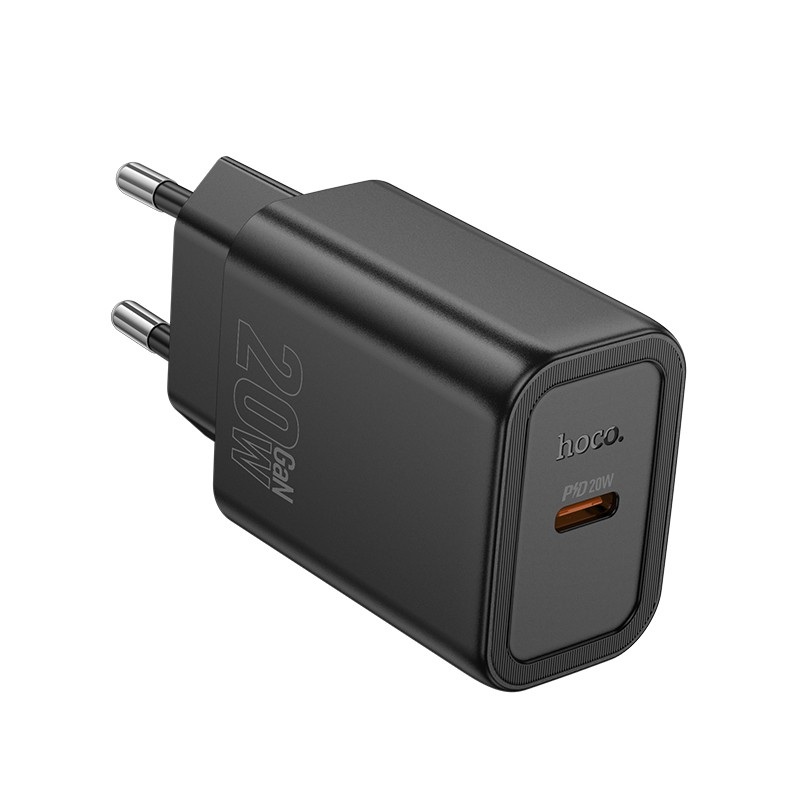 Juodas įkroviklis Hoco N60 20W GaN USB-C Juodas įkroviklis Hoco N60 20W GaN USB-C su europietiška kištuku ir USB-C prievadu