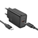 Juodas įkroviklis Hoco N62 30W GaN USB-C su USB-C kabeliu 1.0m, skirtas greitam įkrovimui.