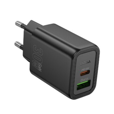 Juodas įkroviklis Hoco N63 30W GaN su USB-C ir USB-A prievadais