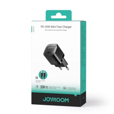 Juodas įkroviklis Joyroom JR-TCF02 USB-C PD20W su 1 metro ilgio USB-C laidu dėžutėje