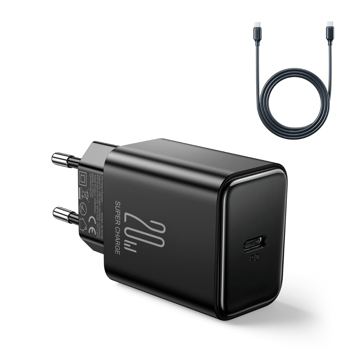 Juodas įkroviklis Joyroom JR-TCF06 USB-C PD20W Juodas įkroviklis Joyroom JR-TCF06 su USB-C PD20W jungtimi ir pridedamu USB-C kabeliu
